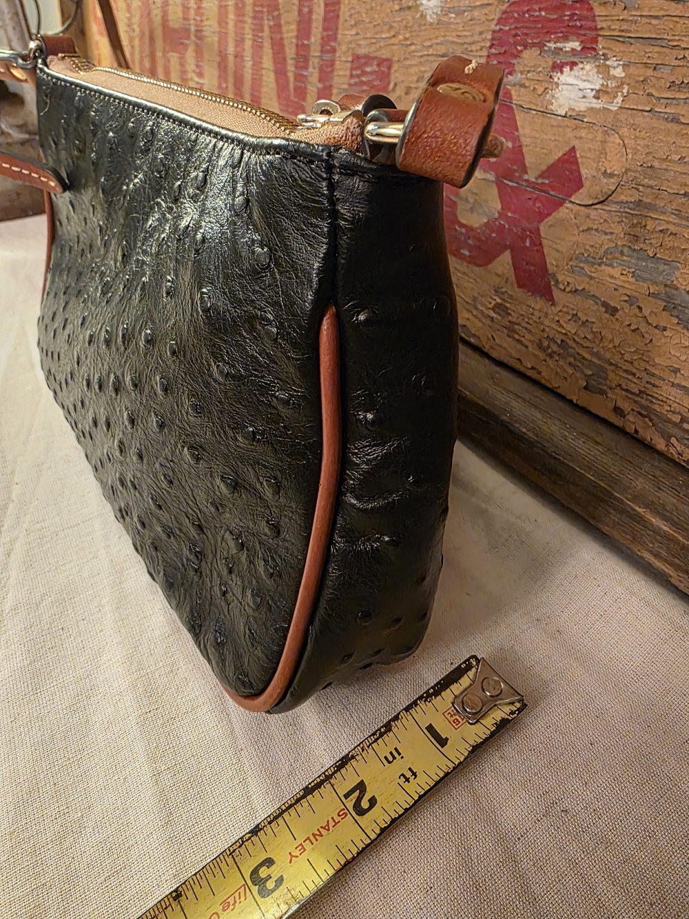 Dooney & Bourke Black Ostrich-Embossed Crossbody with Tan Trim - Picture 6 of 16